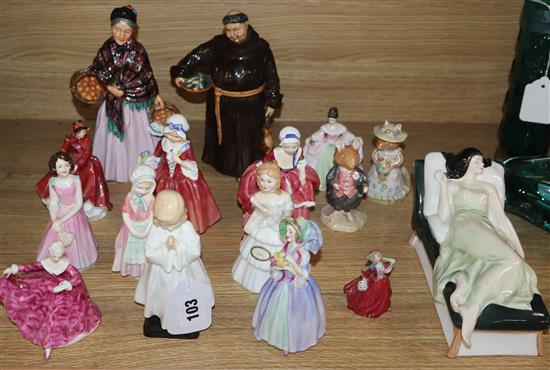 A collection of Doulton figurines: The Orange Lady, Jovial Monk and Sleeping Beauty (16 items)